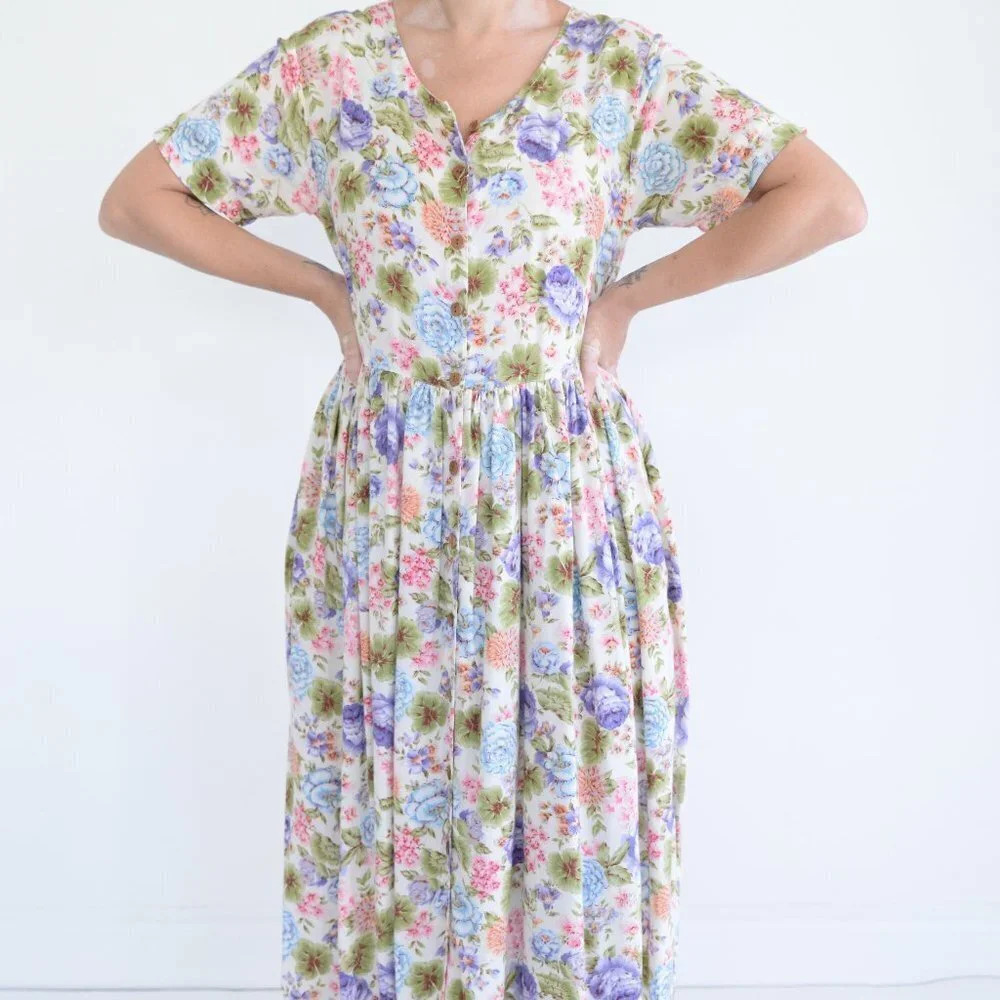 Vintage Floral Button Up Midi Dress